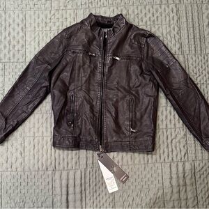 American Breed Men’s Black Faux Leather Biker Jacket Size M Zip Up Moto Style
